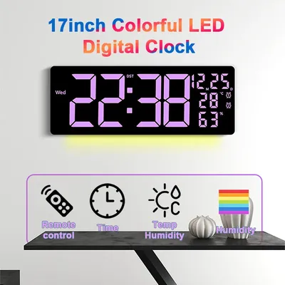 17" RGB Digital Alarm Clock LED Wall Clock with 11Colors&Dynamic RGB Display/Colour Changing/Night