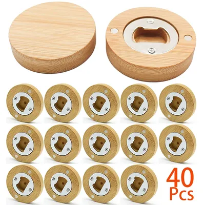 40Pcs Round Bamboo Bottle Openers Refrigerator Fridge Magnet Beer Opener for Home Kitchens Bars