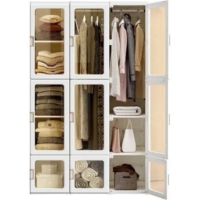 Portable Closet Storage Organizer Magnetic Transparent Door and Easy Assembly 8 Cubes & 2 Hanging