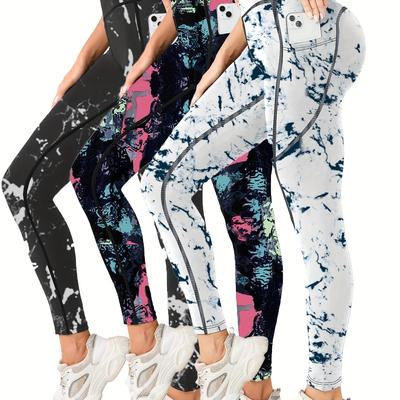 TEMU 3pcs High-waist Tummy Control Yoga Leggings With Pocket - Butt Lifting, Stretchy Sports Pants In Vibrant & Print For Women Image