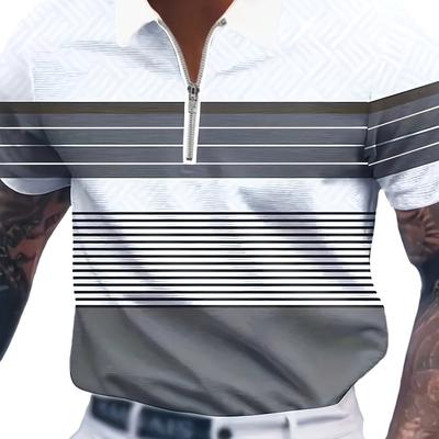 TEMU Men's Striped Golf Shirt, Casual Breathable Comfy Lapel Half Zipper Short Sleeve Shirt For Outdoor Image