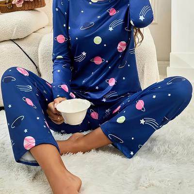 TEMU New Autumn And Winter Women's Starry Sky Pattern Blue Pajama Set, Long Sleeve Round Neck Top And Pants, Female Sleepwear And Loungewear Image