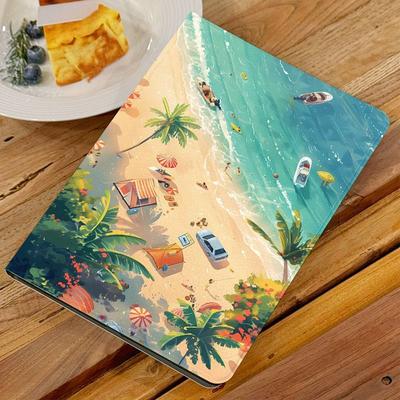 "TEMU Beach Scene Foldable Tablet Case For A7/a8/a9/s6 - Multi-angle, Anti-fall Protection With Auto Wake/sleep, Artificial Leather, Tree & (10.4"", 8.7"", 11""), Tablet Carrying Case"