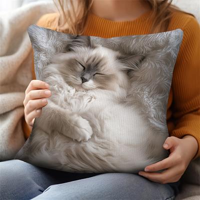 TEMU 1pc Vintage Style Sleeping Ragdoll Cat Throw Pillow Cover, Double Sided Print, Machine Washable, Zipper Closure, Woven Polyester, With No Insert For Cozy & Special Occasions Image