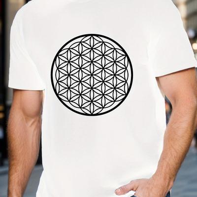 TEMU Men's T-shirt - Casual Crew Neck Polyester Knit Fabric Tee With Geometric Pattern, Stretch, Regular Fit For Summer - Adult Image