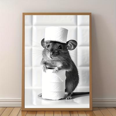 "TEMU 1pc Vintage Style Funny Mouse With Toilet Paper Art Print, 12x16" - Textile Wall Decor For Bathroom, Bedroom, Kitchen, Living Room" Image