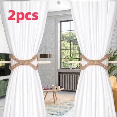 TEMU 2pcs Boho Style Curtain Tiebacks, Rustic Solid Wooden Rods With Thick And Jute Rope, Simple Curtain Holdbacks For Bedroom & Living Room Decor, Image