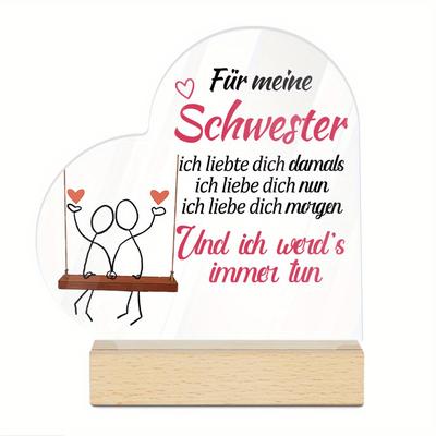 "TEMU 2d Flat, 1pc Putuo Decor German Quote Acrylic Sign With Wooden Base - "for My Sister I You , I Love You Now" - Ideal Desktop Decoration For Home & Room, Expressing Sibling Love" Image