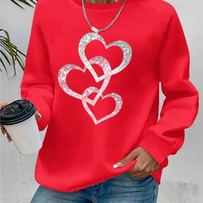 TEMU Heart-shaped Print Pullover Sweatshirt, Casual Long-sleeved Round Neck Autumn And Winter Sweatshirt, Women's Clothing Image