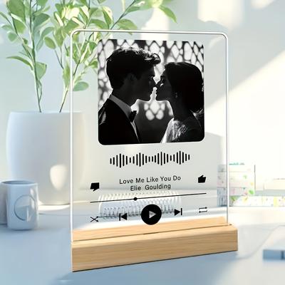 TEMU 2d Flat, Personalized Acrylic Music Player Plaque With Wooden Stand - Customizable Song And Album Cover Display, Ideal Gift For Music Enthusiasts, Anniversaries, Weddings, And Valentine's Day Image