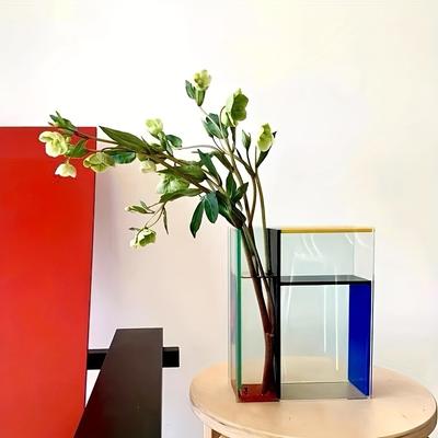 TEMU 1pc, Modern Acrylic Vase With Transparent, Red, Yellow And Blue Panels - Modern Art Decoration Suitable For Home Decor, Image