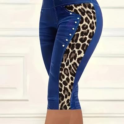 TEMU Of Denim Leopard Print High-waisted Slim-fit Pants, Casual Stretchy Mid-rise Shorts For , Plus-size Women's Clothing With Pockets And Machine Washable Design Image