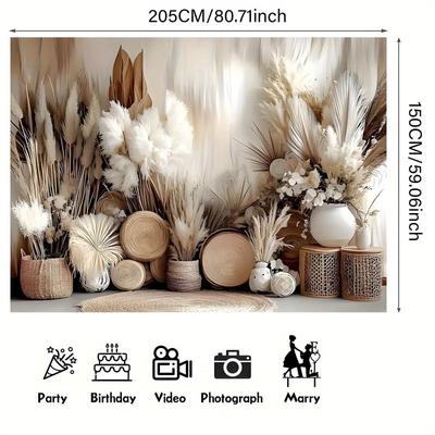 TEMU 1pc Bohemian Pampas Flower Backdrop Banner, Polyester Wall Decor For Photo Booth, Birthday, Anniversary, Wedding, Seasonal Holidays, Easy Hanging, Indoor & Outdoor Use, No Electricity Needed Image