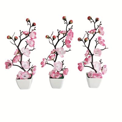 TEMU 3pcs Realistic Artificial Plum Stems With White Pot - Home Decor, Day, Weddings, Engagements, Parties, Anniversaries, Graduation - Includes Container Image