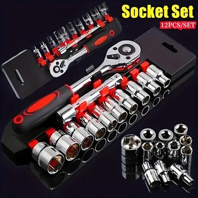 TEMU 12pcs Cr- Socket Wrench Set, 1/4 Inch Drive, High , Flexible Operation In Tight Spaces, With 72-tooth Ratchet And Extension Bar, Durable Plastic Handle Image