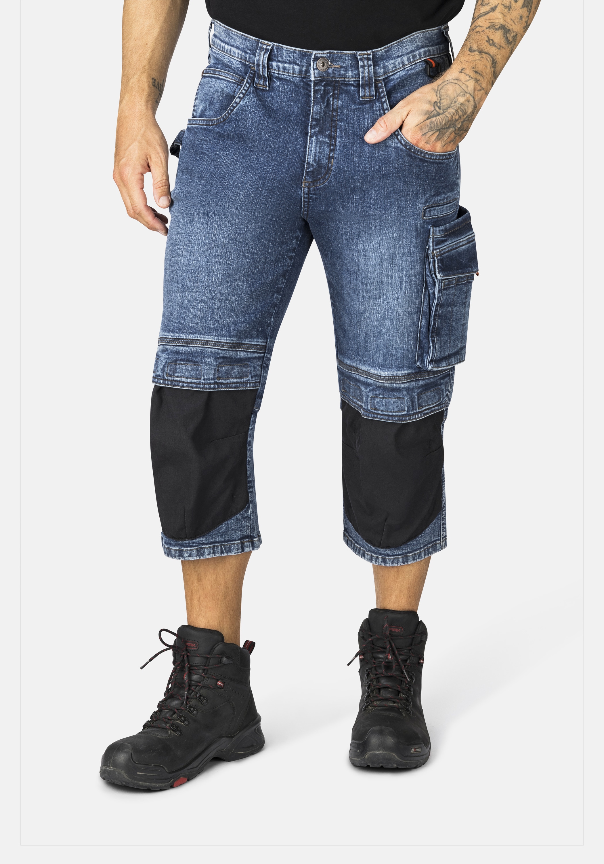 3/4-Jeans HERO BY JOHN MEDOOX "MARLOW Pro Workwear Arbeits- 3/4-Jeans", Herren, Gr. 50, blau (mid blau washed), Denim/Jeans, 98% Baumwolle, 2% Elasthan, regular fit, Jeans, Arbeits- 3/4-Jeans Denim / Jeansfür Herren