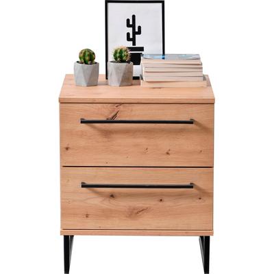 Nachtkommode INOSIGN "Sardinia, Nachtschrank, Maße (B/T/H): 45,5/35/54 cm", braun (dekor artisan eiche), B:45,5cm H:54cm T:35cm, Spanplatte, Sideboards, mit 2 Schubladen, Metallgriffe und Metallfüße in Kufenform Image
