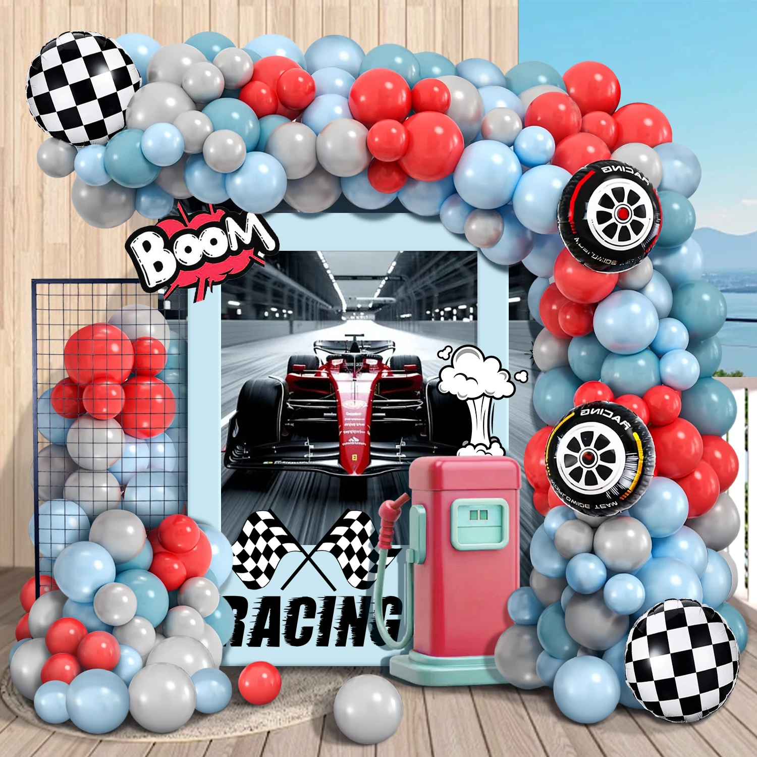 111-teiliges Rennwagen-Party-Ballongirlanden-Set, mit rot-blau-grauen Luftballons und Luftballons aus Aluminiumfolie, geeignet für Herren-Rennen-Geburtstage Image