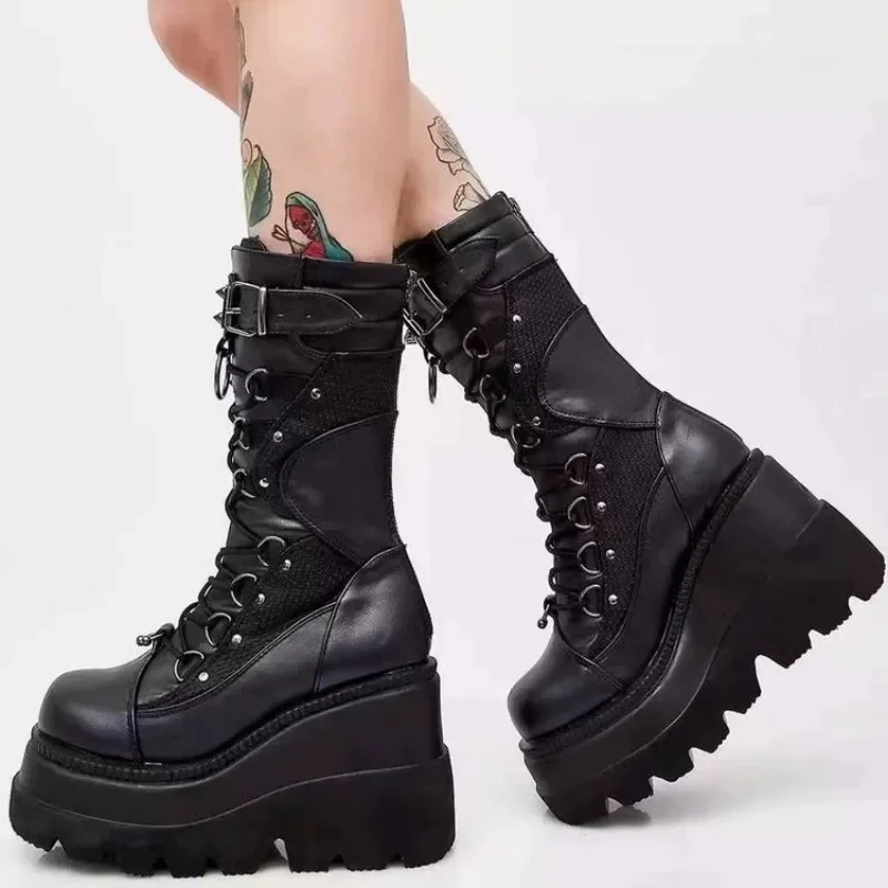 2023 herbst Winter Verkauf Punk Halloween Hexe Cosplay Plattform Hohe Keile Heels Schwarz Gothic Kalb Stiefel Frauen Schuhe Große Größe