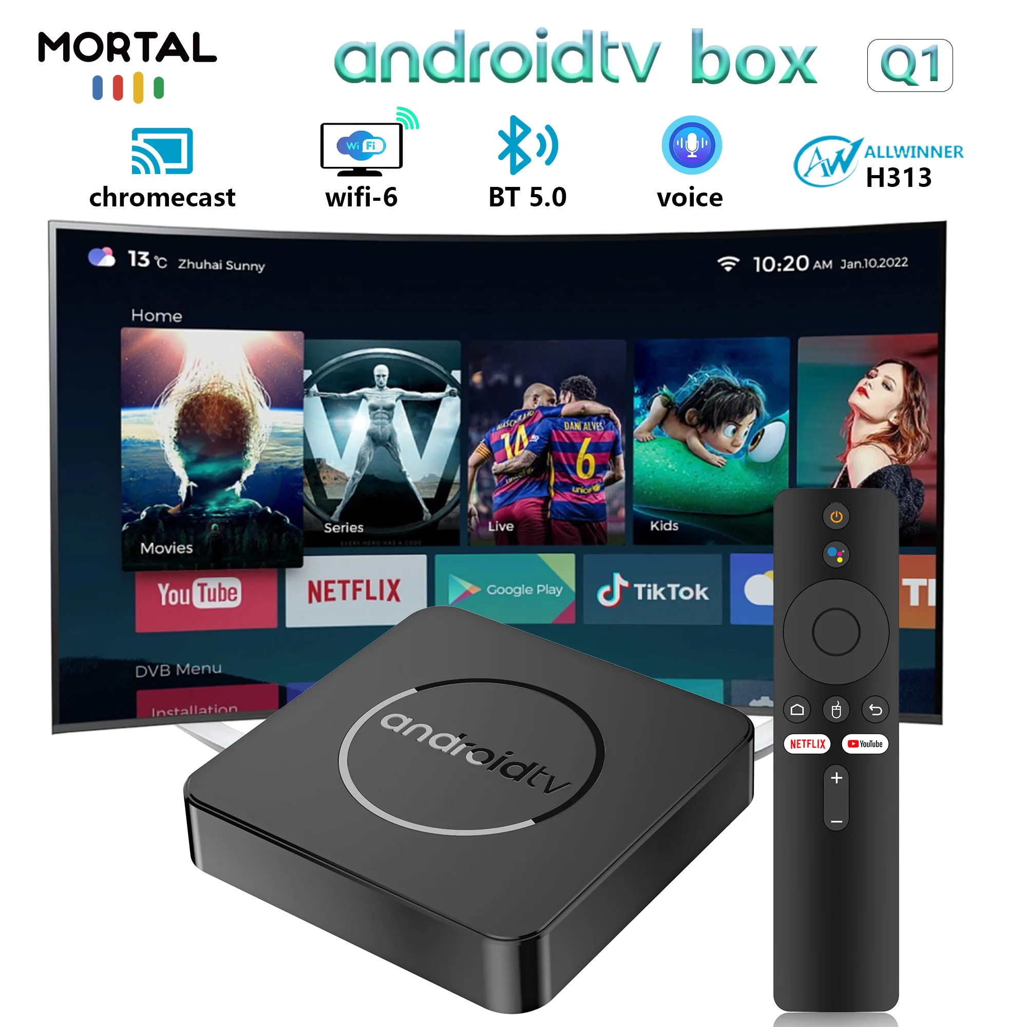 Mortal Globale Version Android 14 4K HDR Smart TV Box 2GB/16GB 5G Dual Wifi BT5.2 Sprachassistent H313 Media Player Q1 ATV TV Box Image