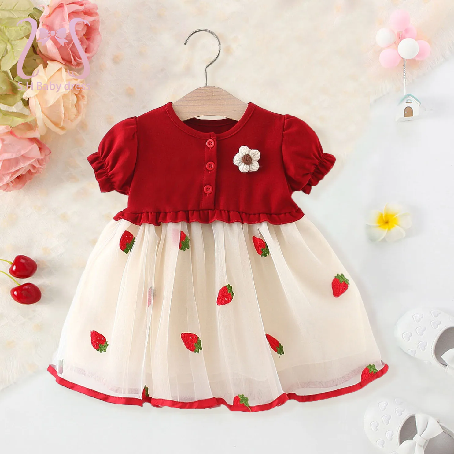 0-3 Jahre alte Kleinkinder Sommer Kleinkinder Kleid schöne Blume Kinder Kleidung Baby Mädchen süße Erdbeere Kleider Kid Daliy Kostüm Image