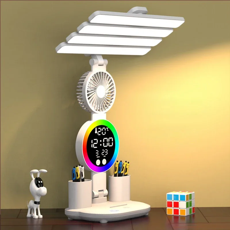 Wiederaufladbare Tischlampe für Arbeitszimmer, Schreibtischlampe, Leselicht, LED-Tischleuchte mit Ventilator, LED-Leselampe mit Uhrendisplay