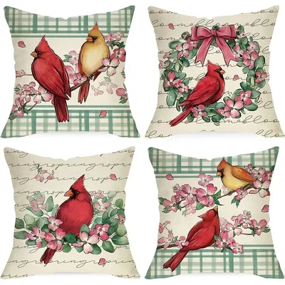 Kissenbezüge mit rotem Vogel und Blumenmuster – Frühlings-Plaid- und Blumenkranz-Design, Image