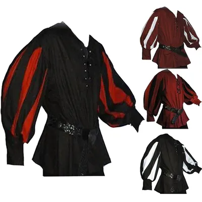 Mittelalterliche Renaissance-Hosen-Kostüme für Erwachsene, Herren, Edelmann-Tunika, Wikinger, Aristokrat, Chevalier, V-Ausschnitt, Hemd, Halloween-Cosplay-Kostüme Image