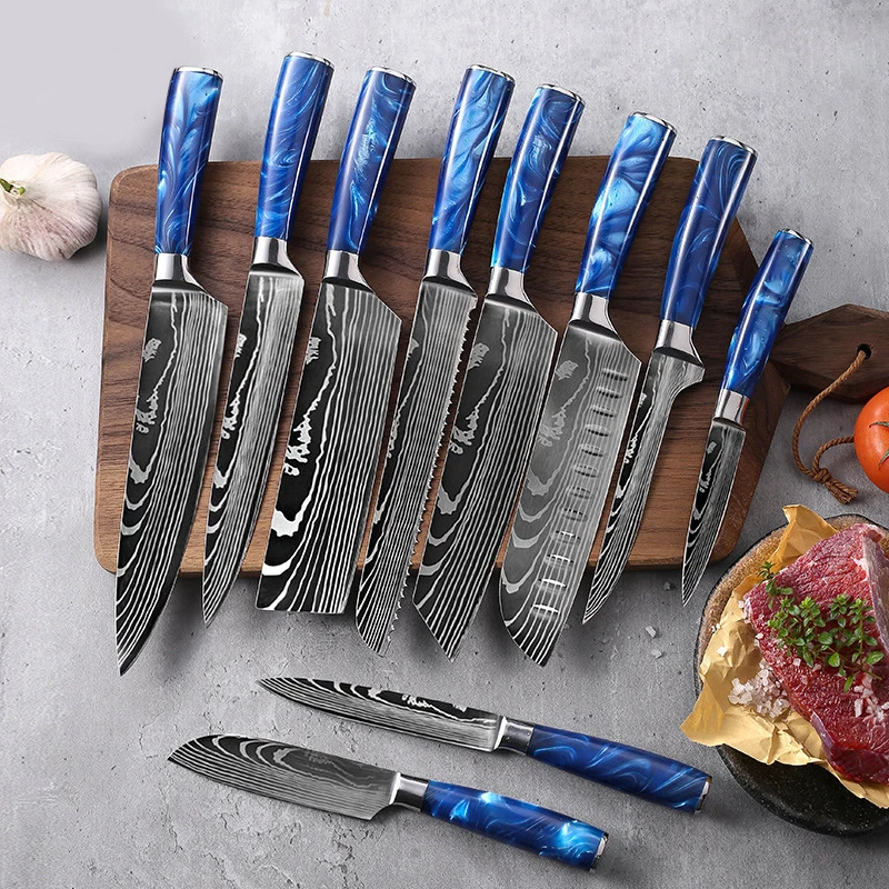 Damaskus Muster Messer Set Edelstahl Kochmesser japanische Santoku Messer Ausbein messer Fleisch beil Haushalt Brotmesser Image