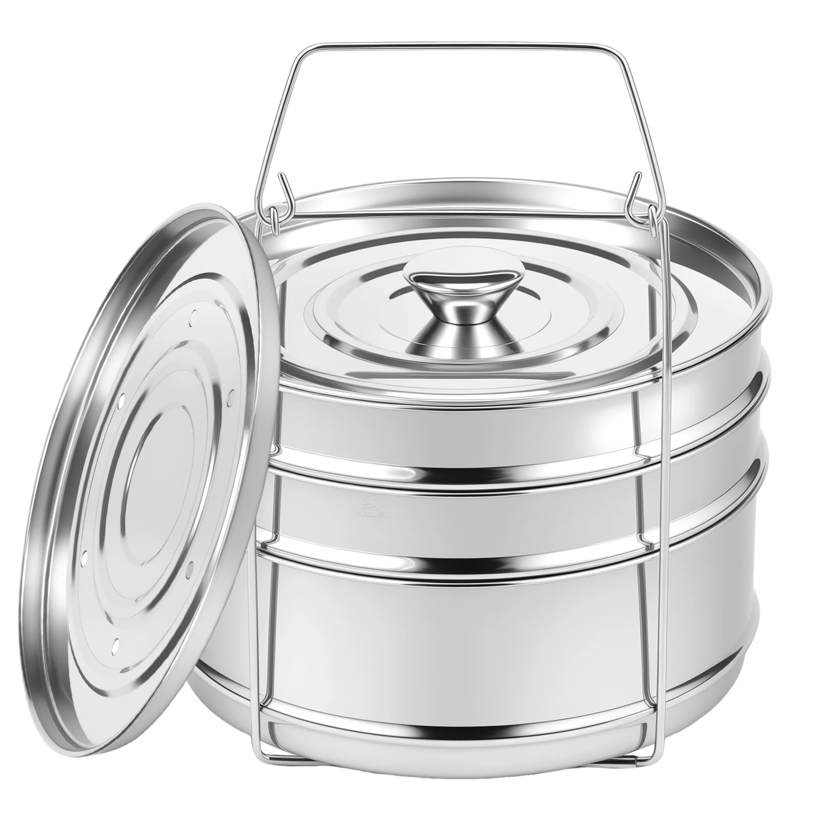 Kochgeschirr, Dampftopf, 3-stufiger Dampfgarer-Einsatzpfanne, Schnellkochtopf-Einsatzpfanne aus Edelstahl 304, Dampfgarer mit großer Kapazität Image