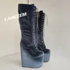 LAIGZEM Frauen Kniehohe Stiefel Plattform Keile Voller Reißverschluss 20 cm High Heels Stiefel Samt Schuhe Frau Große Größe 37 41 43 45 47