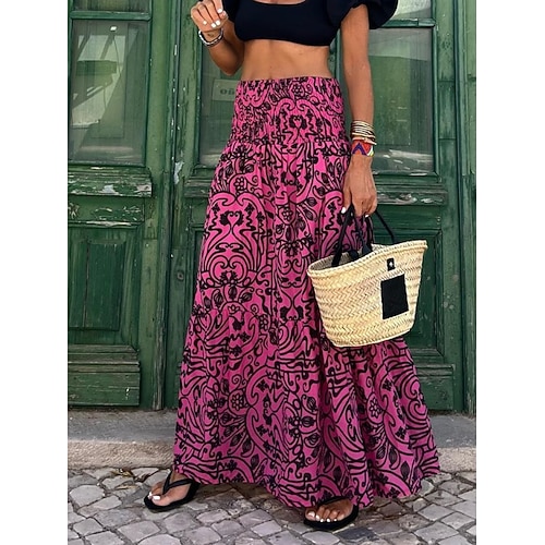 Gonna da donna Maxi gonna A Line Swing Bohemia casual maxi gonna alta vita floreale stampa con tasche micro-elastico strada quotidiana rosa fucsia estate poliestere misto cotone