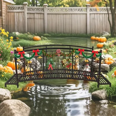 8 FT Garden Bridge Extra Long, Outdoor Bridge with Steps and Heart-Shaped High Safety Guardrails,