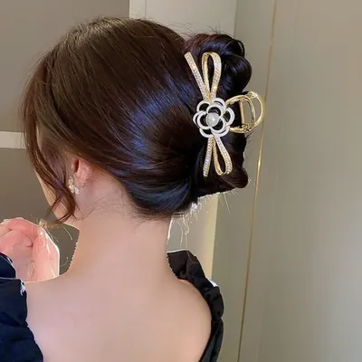 1pc zinc alloy flower grab clip, rhinestone elegant and delicate headwear, imitation pearl bow hair