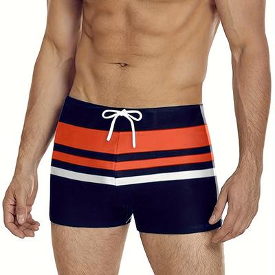 TEMU Oudasi Men's Striped Swim Trunks - Quick-dry, High-stretch Nylon & Elastane With Drawstring Waistband For Beach And Pool Image