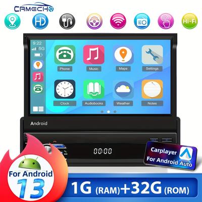 "TEMU Camecho 1+32g For "" Retractable Touchscreen Single Din Eq Car Stereo Radio, Support Carplayer & For Auto, Wireless Fm Rds Swc Support Camera"