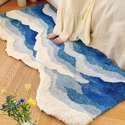 TEMU Blue Ocean Wave Tufted Rug - Thick, Non-slip Tpr Backing, Absorbent For Bathroom & Living Room Decor Image