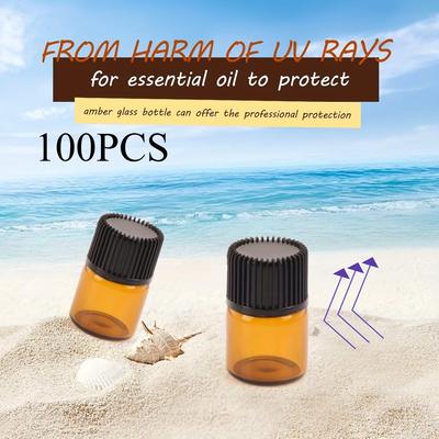 TEMU 100-pack Amber Glass Refillable Bottles, 1ml Mini Sample Vials With Black Striped Lids And Indented Liners, Odorless, Closure -uv Protection Image