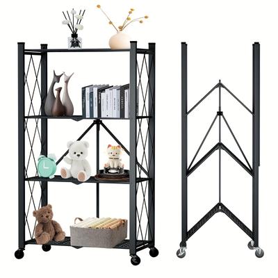 TEMU Folding Shelf With Wheels, Foldable Storage Trolley Unit, Wheels 200 Kg Load Capacity, Storage Shelf, Metal Shelf Black, Folding Shelf For The Kitchen, Office Image