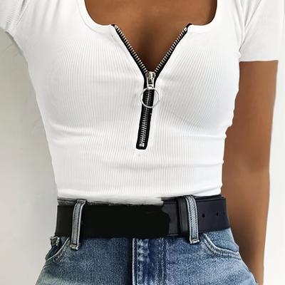 TEMU Women's Chic V-neck Half-zip T-shirt - Elegant Solid Color, Breathable Polyester, Short Sleeve, Machine Washable, Spring/summer Casual Top Image