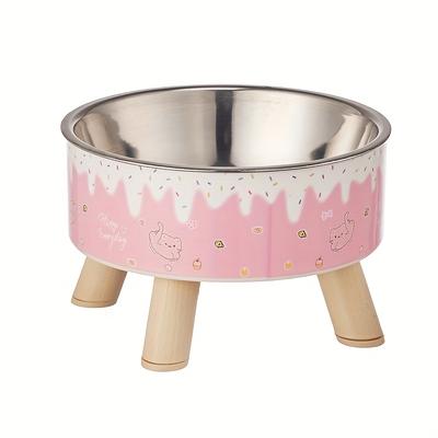 TEMU Fashion Cartoon Design Pet Bowl, High Foot Neck Protector, Stainless Steel And Plastic, For Cat Image