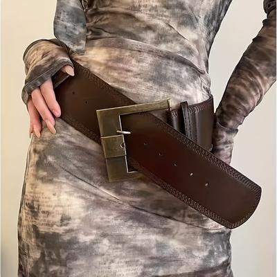 TEMU 1pc Women's Leather Wide Belt, Retro, With , For Night Out, Weekend Casual, Festive, Wedding, Part Image