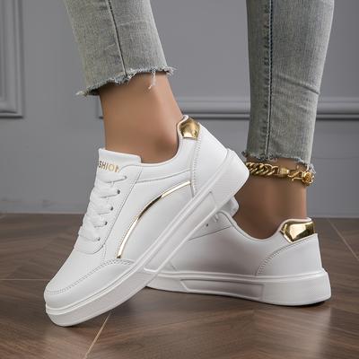 TEMU Trendy White Low-top Sneakers For Women - Lightweight Casual Shoes With Golden Accents, Breathable Fabric Lining, And Eva Sole For Image
