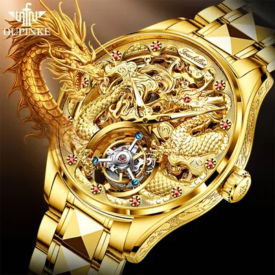 OUPINKE Factory Original Men's Watches Tourbillon movement Skeleton Gold Relief Dragon Watch for Man Top Luxury Brand Wristwatch