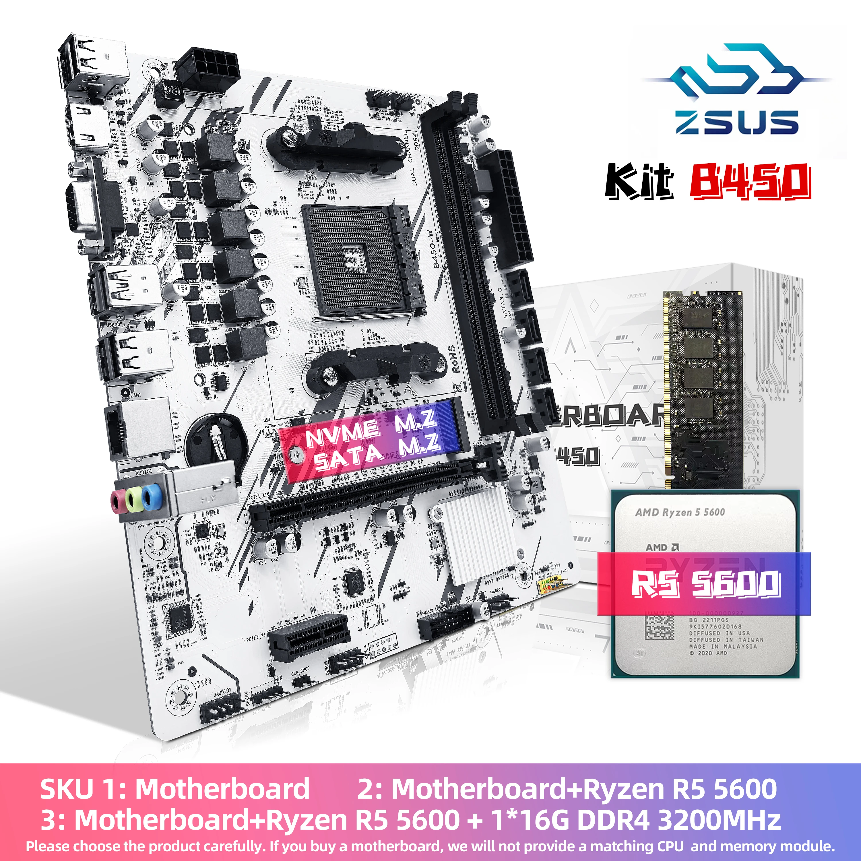 ZSUS B450 Motherboard Set Kit mit Ryzen R5 5600 DDR4 1*16GB 3200MHz Speicher AM4 Motherboard M.2 NVME Image