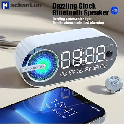 Bluetooth Leise Drahtlose Lautsprecher Wecker RGB TWS USB LED Spiegel Digitaluhr FM Großes Display Image