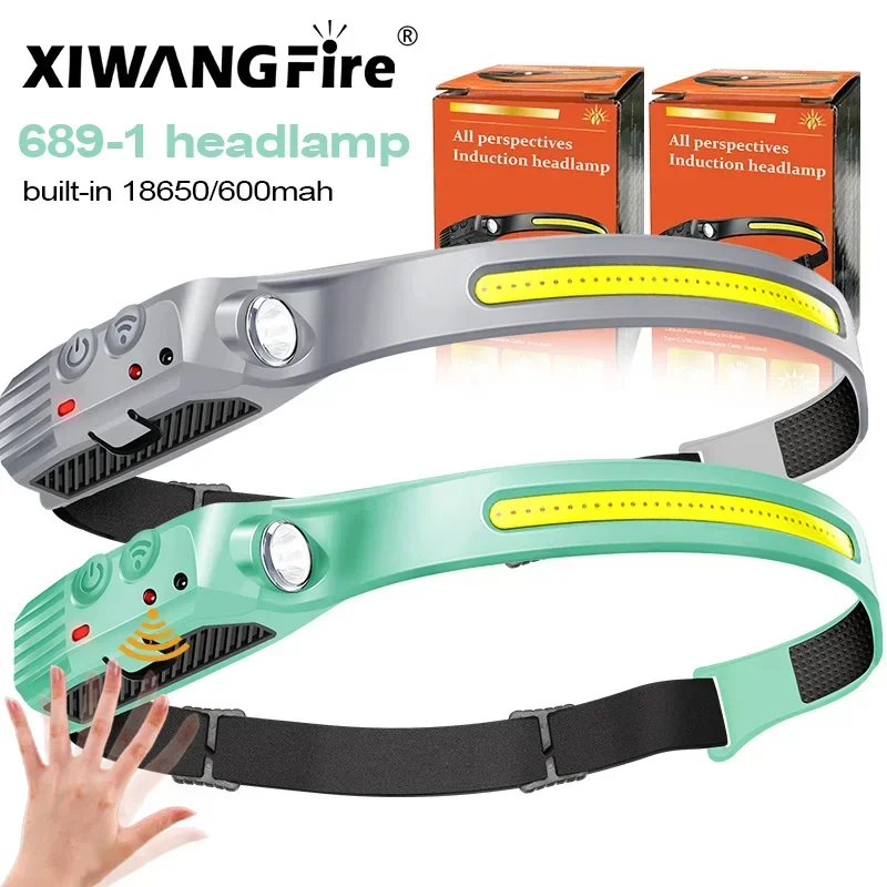 Wiederaufladbare Sensor-LED-Stirnlampe – LED-Scheinwerfer mit 5 Modi, integriert 18650 für Angeln, Camping, Nachtlauf (IPX4 wasserdicht) Image