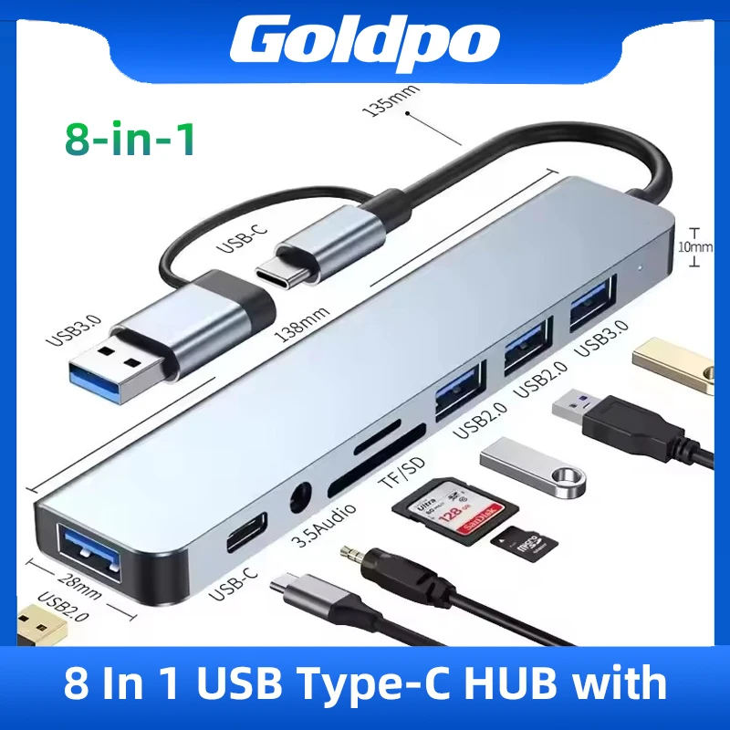 Goldpo 8-in-1 USB Typ-C HUB mit Leser Splitterkarte USB 3.0 USB 2.0 SD/TF Splitter Kartenleser Dockingstation für Huawei PC Image