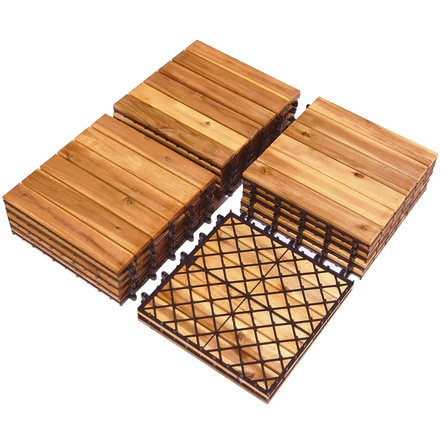 27 Pieces Wooden Tiles, Balcony Flooring, WPC Decking, Acacia Wood, 30 x 30 x 2.4 cm, Tool-Free Assembly (Striped Pattern)