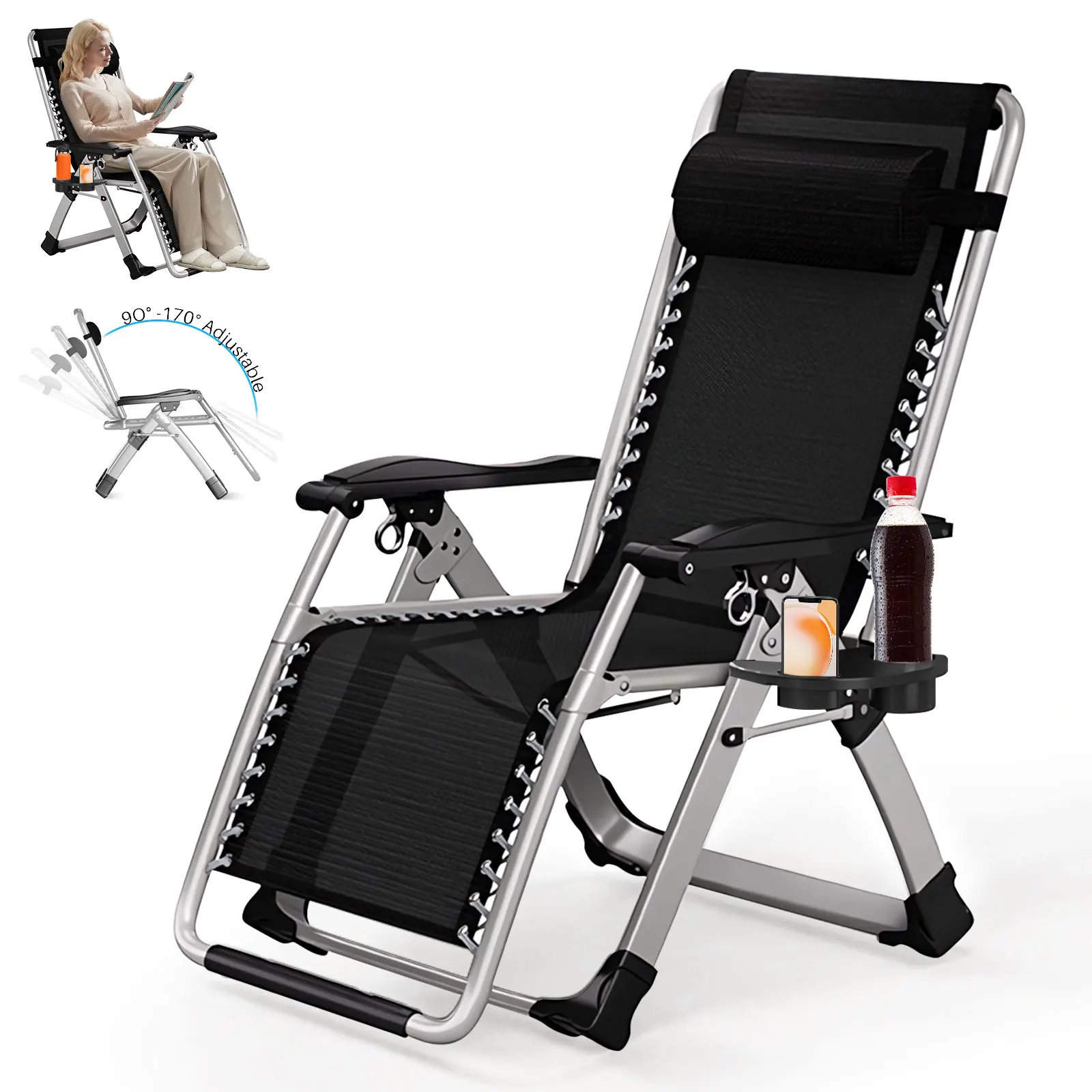 Sonnenliegen für den Außenbereich, Klappstuhl mit Getränkehalter und Kopfstützenkissen, Loungesessel, klappbarer Terrassen-Liegestuhl, Unterstützung 150 kg Image